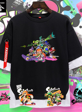 喷射战士Splatoon2游戏二次元假两件短袖T恤衫男女中袖五分袖衣服