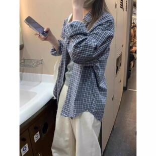 小个子内搭叠穿150港风蓝色格子衬衫设计感宽松休闲长袖上衣女xs