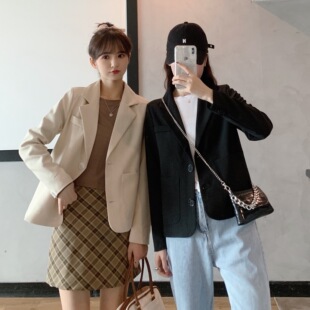 145小个子杏色小西装150矮个子小码百搭显高短款西服外套上衣XXS