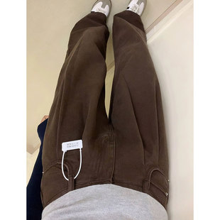 xs码150小个子美拉德棕色裤子女梨形身材高腰直筒阔腿牛仔裤九分