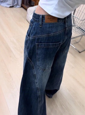 145CM身高小个子美式复古阔腿牛仔裤xs新款高腰直筒宽松弯刀裤子