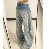 145小个子复古刺绣弯刀阔腿牛仔裤 女低腰宽松直筒显瘦拖地长裤 潮