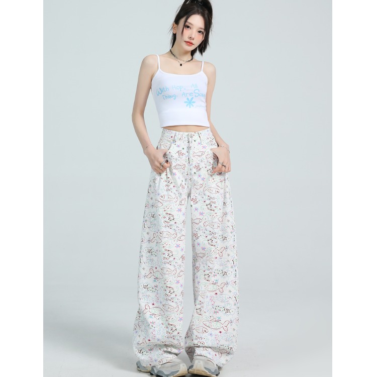 矮小个子145高腰牛仔直筒裤童趣减龄白色涂鸦印花阔腿裤百搭长裤
