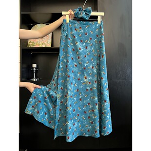 夏季新款150cm高腰蓝色碎花油画系带半身裙修身显瘦145气质中长裙