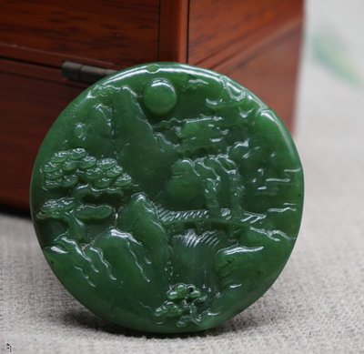 碧玉双面雕刻双人山水玉牌风景牌