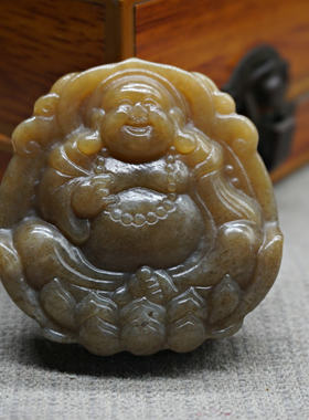 和田玉糖玉笑佛双面雕刻莲花佛公