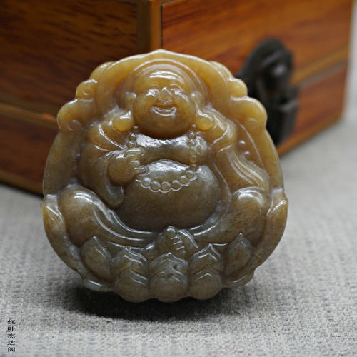 和田玉糖玉笑佛双面雕刻莲花佛公