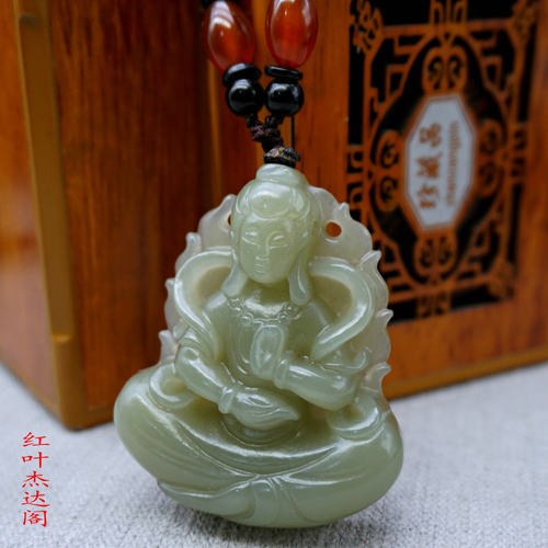 天然和田青白玉莲花观音玉吊坠男士玉牌玉石深工观音挂件项链玉佩