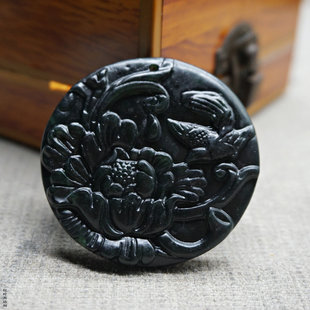 天然墨绿玉喜上眉梢吊坠玉石花开富贵项链蛇纹石玉圆牌珠链民族风