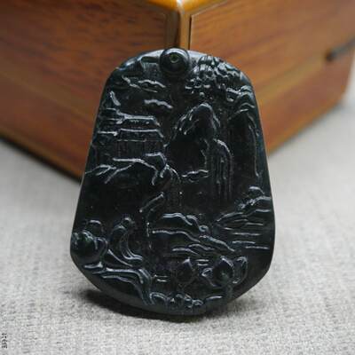 墨绿玉蛇纹石悟道山水牌吊坠玉石