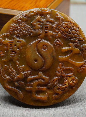 岫玉仿古做旧四神兽仿明清工艺玉仿古雕刻石吊坠挂件玉佩圆牌把件