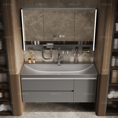 极简鎏金石一体盆浴室柜组合