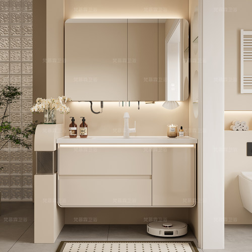 新款实木奶油风一体盆浴室柜组合