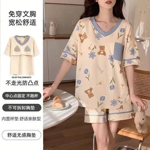 睡衣卡通薄款套头短袖短裤纯棉夏季休闲家居服套装女款夏天带胸垫