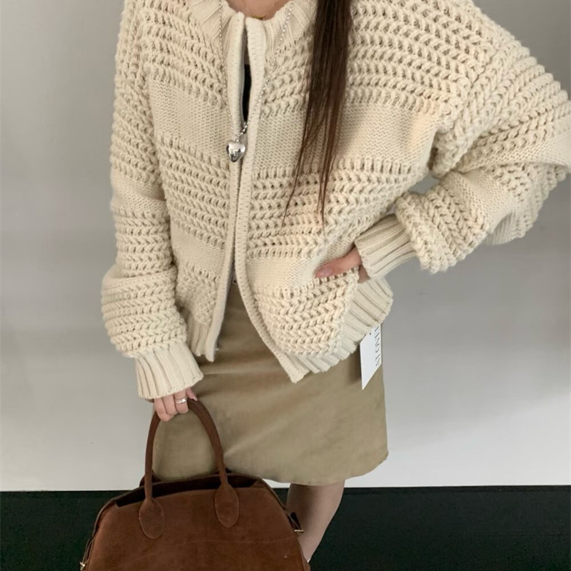 韩代@morethan* 重磅厚实粗棒针横条针织圆领双拉链毛衣开衫外套