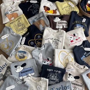 重工刺绣印花奥粒绒加绒圆领卫衣 可爱猫猫狗狗 韩代@eru