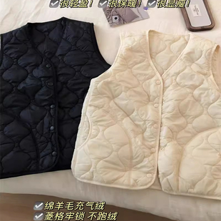 三明治穿搭~V领绵羊毛双层夹菱格马甲双倍蓄热保暖神器内搭背心