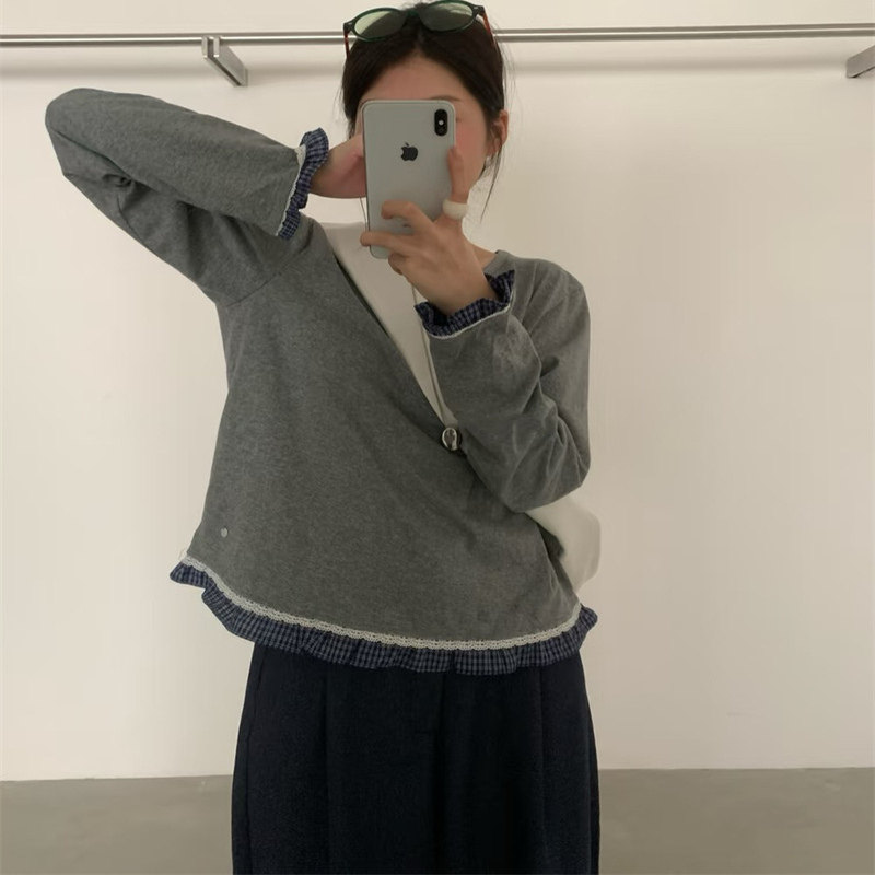 韩代@ch*i  芭蕾风少女格纹蕾丝花边拼接磨毛绒感秋冬长袖T打底