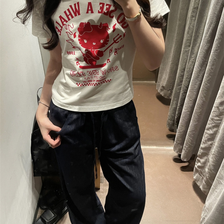 红白撞色太正了！美式复古搞怪可爱小恶魔Kitty修身显瘦正肩短袖T