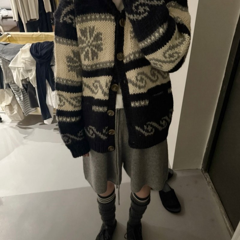 韩代@na*e博主款  超重磅加厚粗棒针复古翻领雪花费尔岛毛衣外套