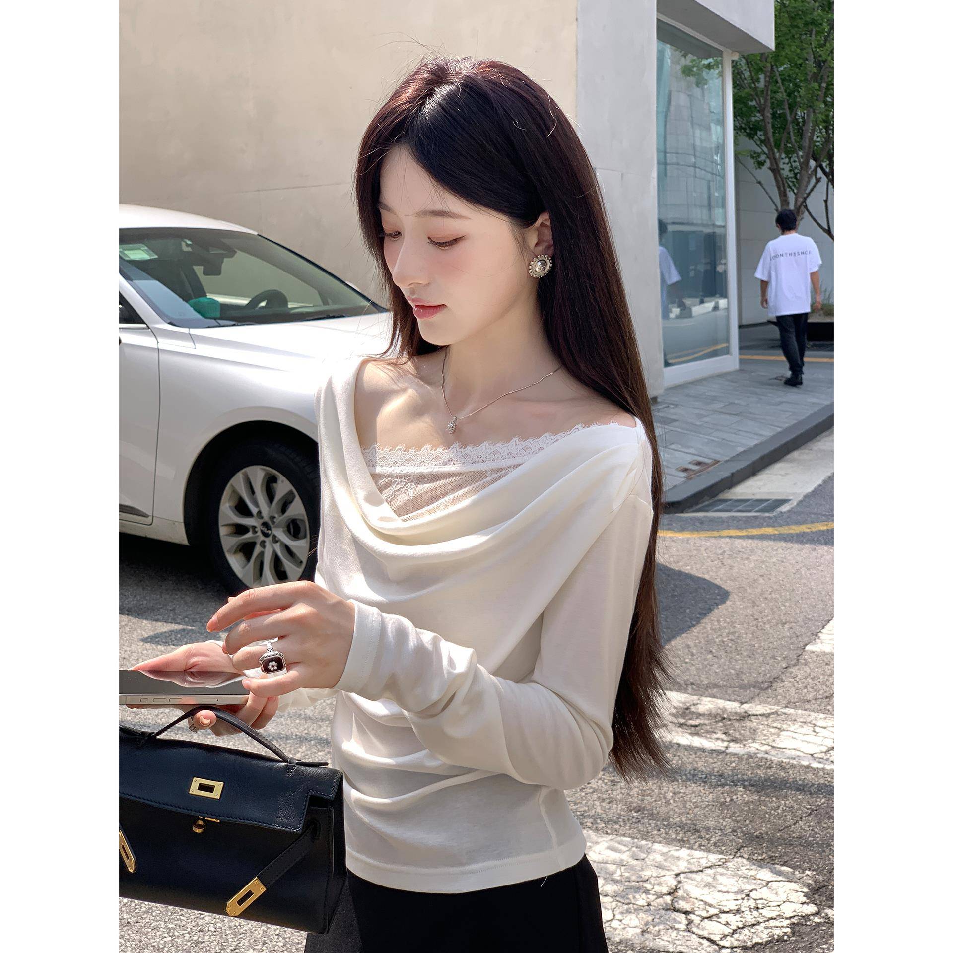 夏诗文 羊毛天丝莱赛尔针织长袖T恤女法式荡领假两件蕾丝拼接上衣