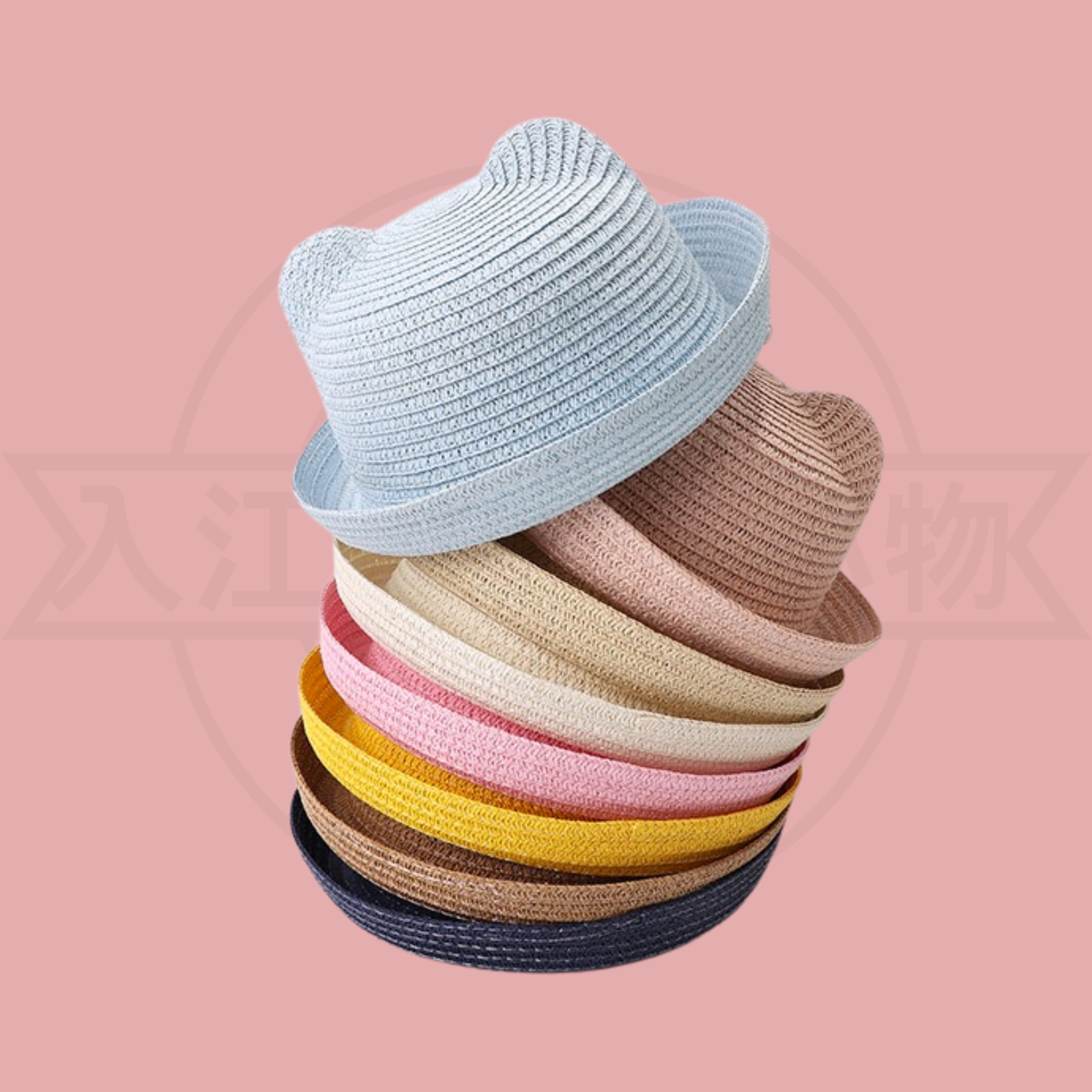 原创新款儿童马卡龙色男女宝宝草帽百搭夏天可爱猫耳朵遮阳帽子