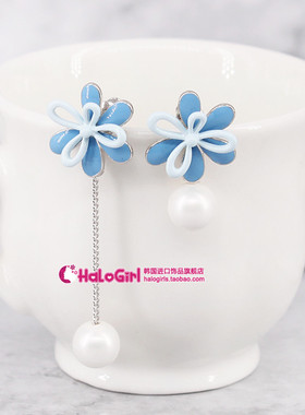 韩国进口耳饰Nuance正品AB款花朵珍珠耳环长耳饰不对称耳坠耳钉女