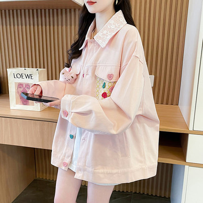 春秋薄款彩色纽扣牛仔外套女学生韩系休闲宽松可爱甜美设计感上衣