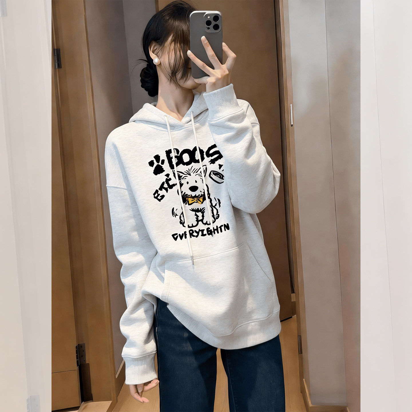 灰色小狗美式套头连帽卫衣外套女早春季2026新款帽衫宽松长袖上衣