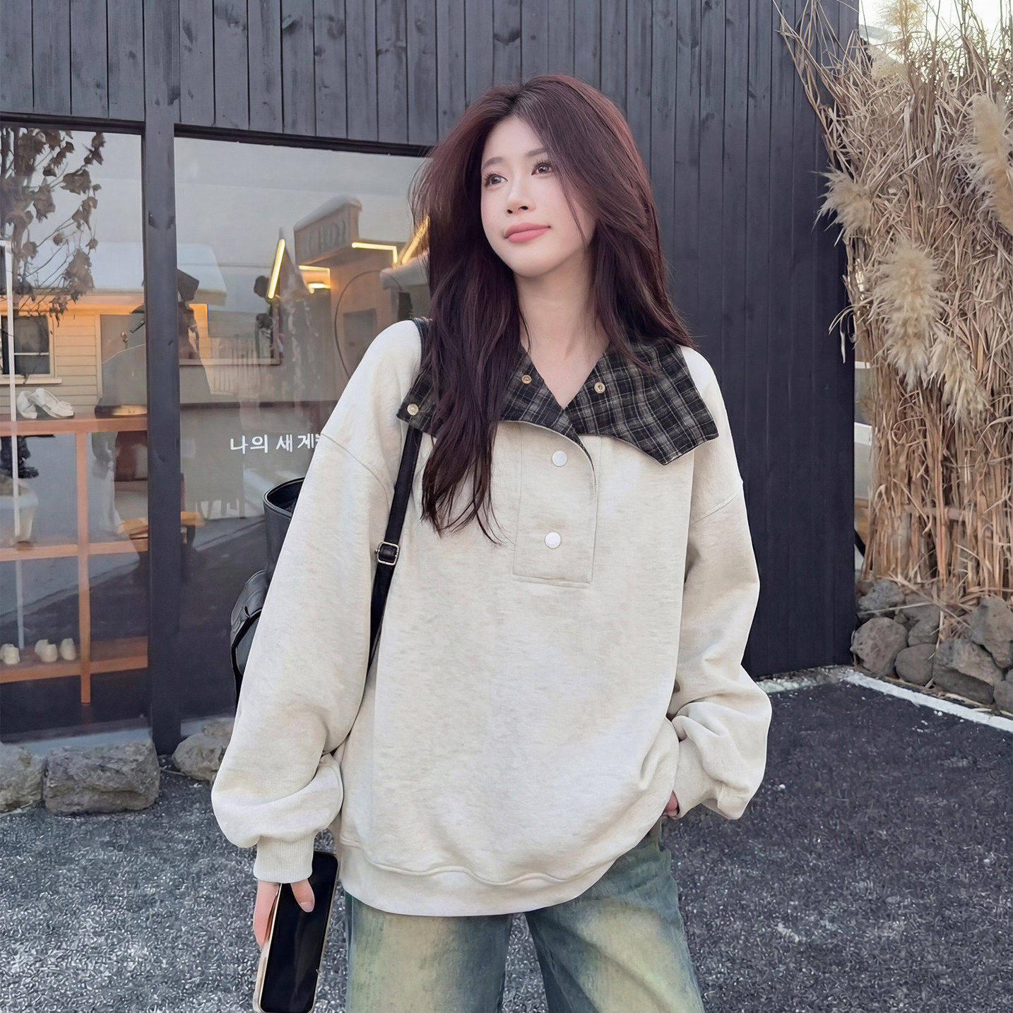 纽扣翻领立领卫衣女春秋薄款宽松休闲美式复古慵懒风长袖上衣外套