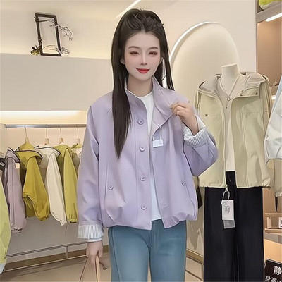 韩系立领短款外套女2026春季新款单排扣休闲宽松百搭显瘦夹克上衣