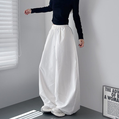 白色阔腿裤子女大码宽松大裤脚2026春季胖mm慵懒松弛感运动遛弯裤