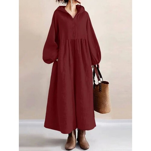 欧美连帽纽扣灯笼袖宽松连衣裙