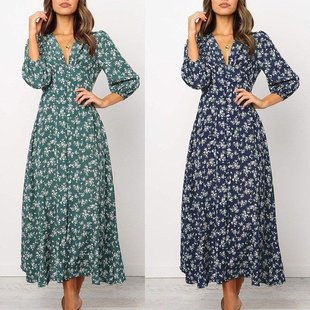 Printed V-neck Long Sleeve High Waist Chiffon Ladies Dres