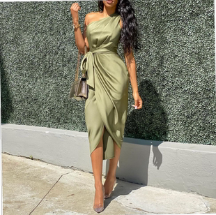 temperament Oblique bandage irregular dress连衣裙 shoulder