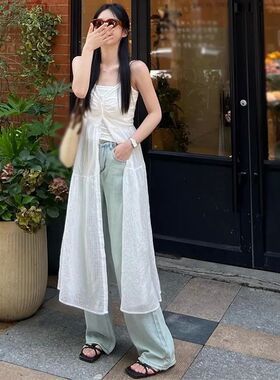 White beach strap mid length dress女士白色沙滩吊带中长连衣裙