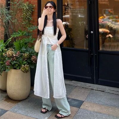 White beach strap mid length dress女士白色沙滩吊带中长连衣裙