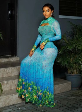 印花镂空性感鱼尾连衣裙Printed hollow out sexy fishtail dress