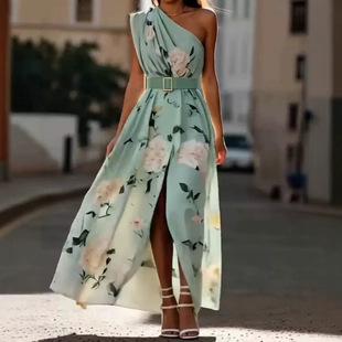 斜肩印花无袖连衣裙女 Slant shoulder printed sleeveless dress