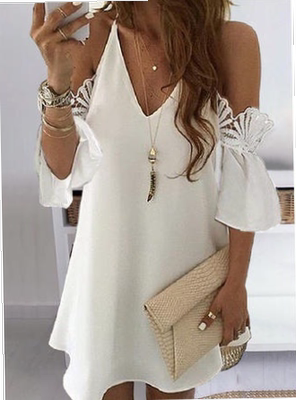 V-neck strap off-shoulder lace stitching dress V领吊带连衣裙