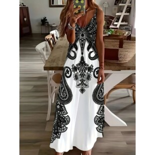 V领吊带印花长裙女Ladies' V-neck suspender printed long skirt