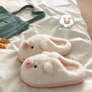 呆萌小猪~！可爱ins加绒保暖居家厚底加绒棉拖鞋女冬季毛毛拖鞋