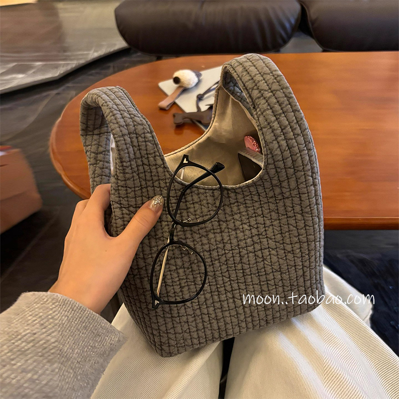 秋冬深灰棉麻手提袋便携手腕包新款百搭外出上班杂物手拎小包通勤