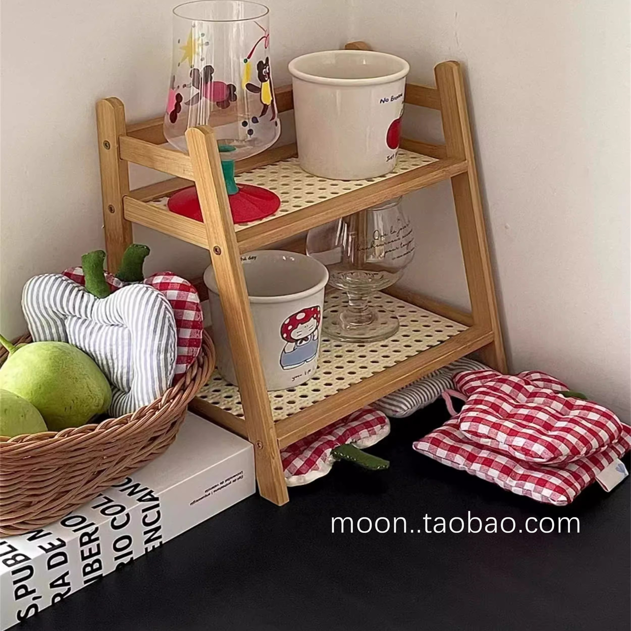 ins中古风藤编置物架子奶油色双层女生宿舍桌面置物架水杯收纳架
