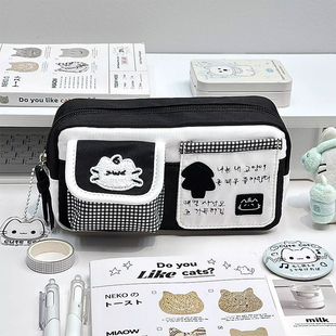 黑白魔法猫咪口袋笔袋高颜值ins风学生女笔袋耐脏新款铅笔文具盒
