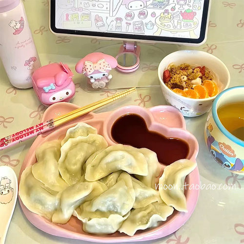 hello小猫饺子餐盘家用创意陶瓷卡通分格盘西餐盘早餐盘饭菜盘碗