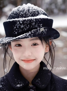 黑色赫本风羊毛千金帽子女秋冬季氛围感小礼帽马术帽写真拍照穿搭