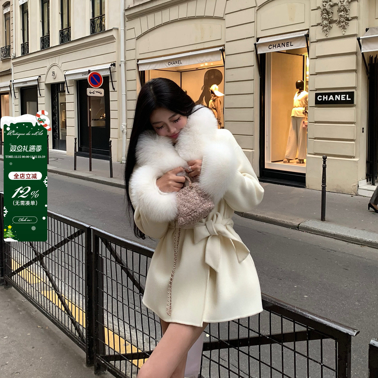 viola  【初雪白月光】大狐狸毛领秒封神100全羊毛双面呢大衣女