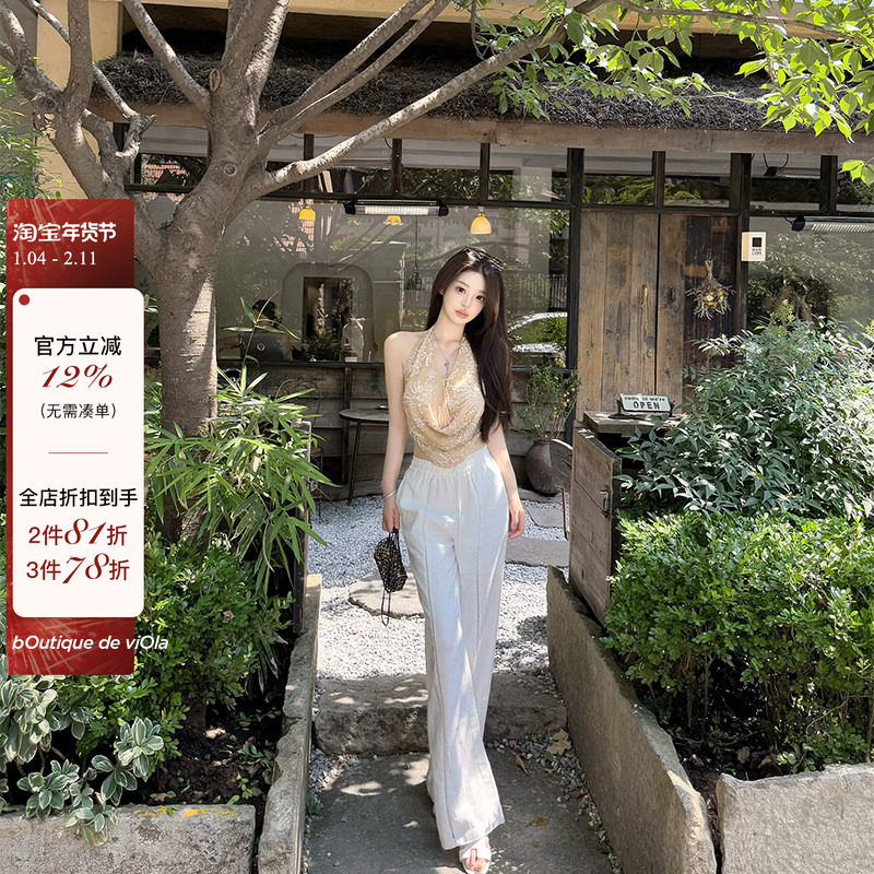 【现货】viola【亚麻神裤】重工拼接蕾丝高腰直筒老钱亚麻垂垂裤,女装/女士精品,休闲裤,淘宝优惠券,粉丝福利购,淘宝优惠卷