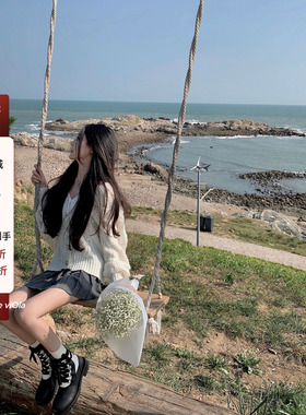 viola V领镂空长袖白色宽松开衫 斗篷小魔女毛衣